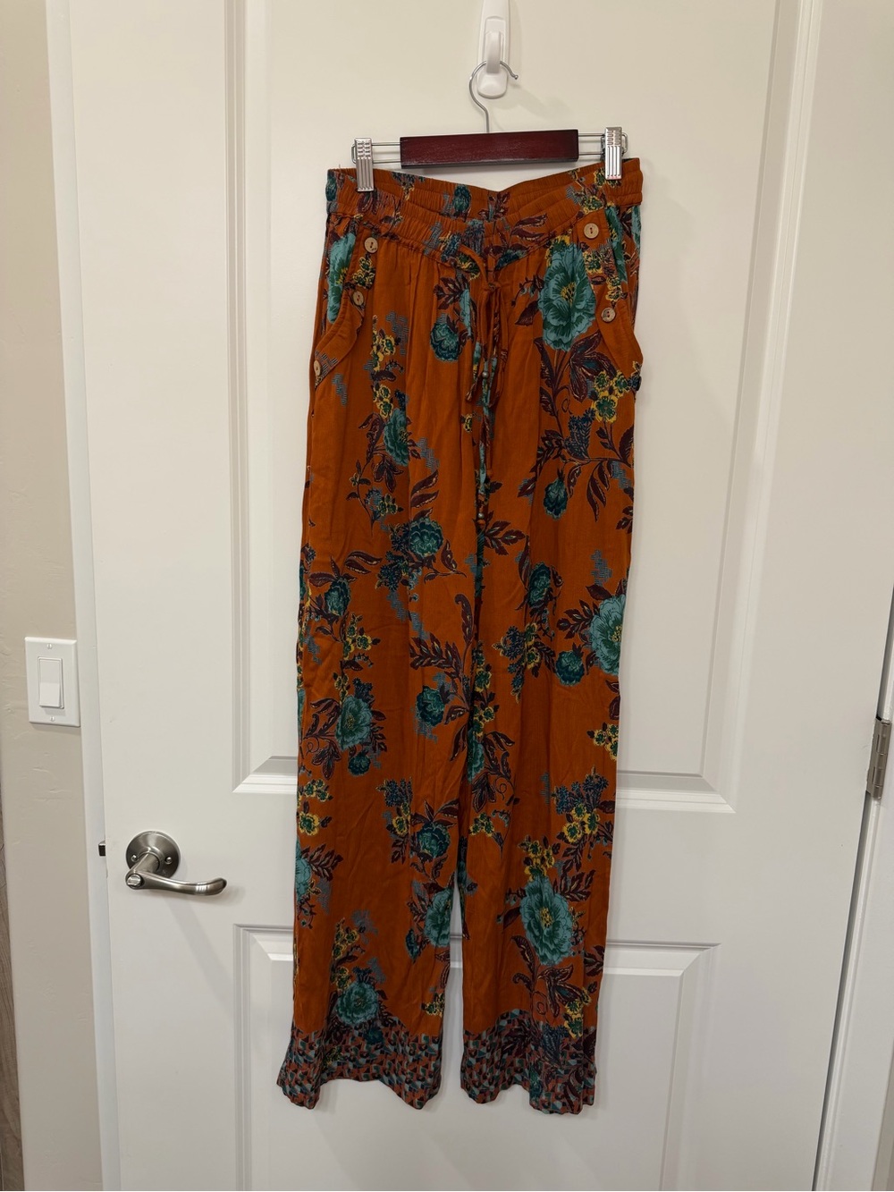 Angie Rust Wide-Leg Floral Pants with Teal Accents